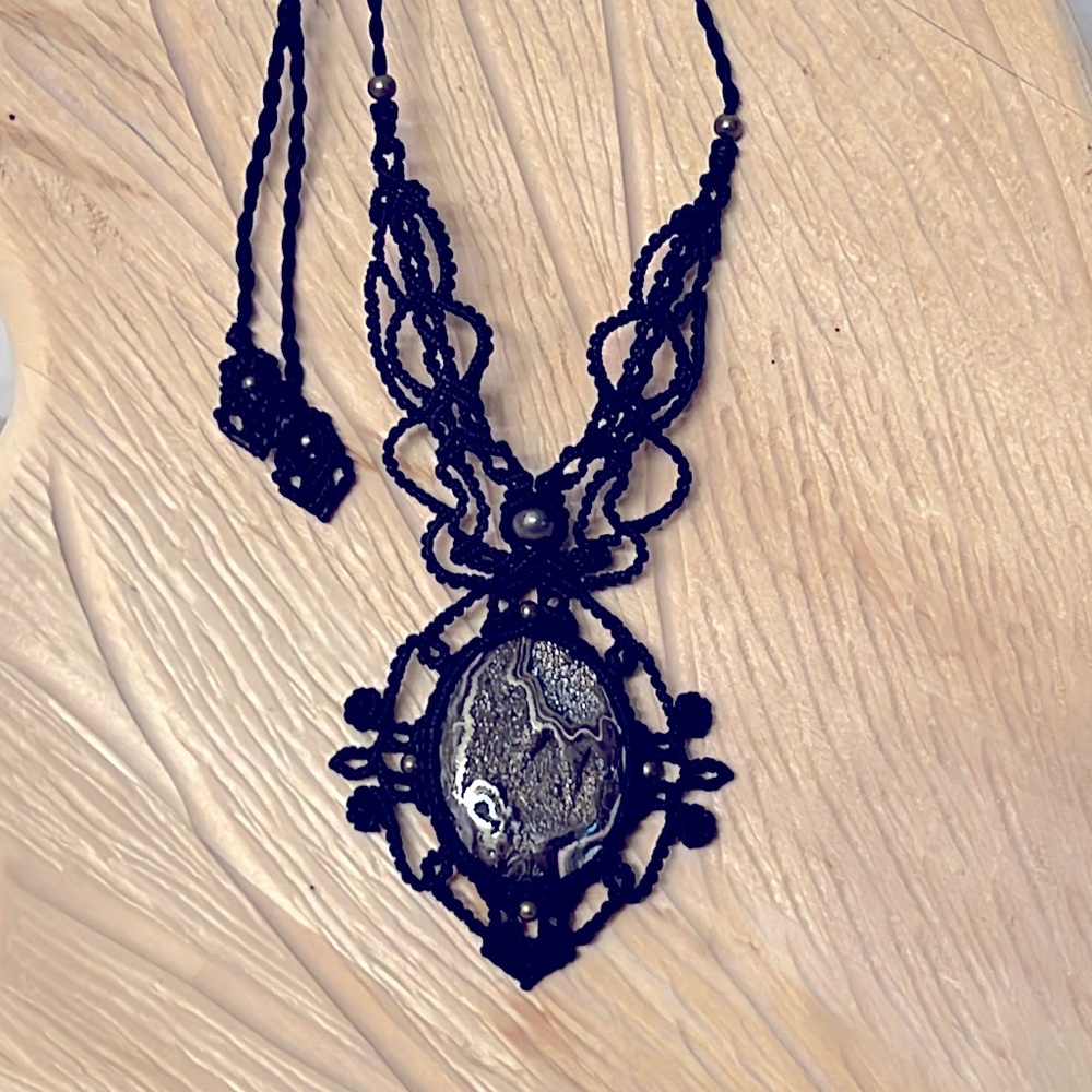 Artisan Pyritized Ammonite and Brass Macrame Adjustable Necklace